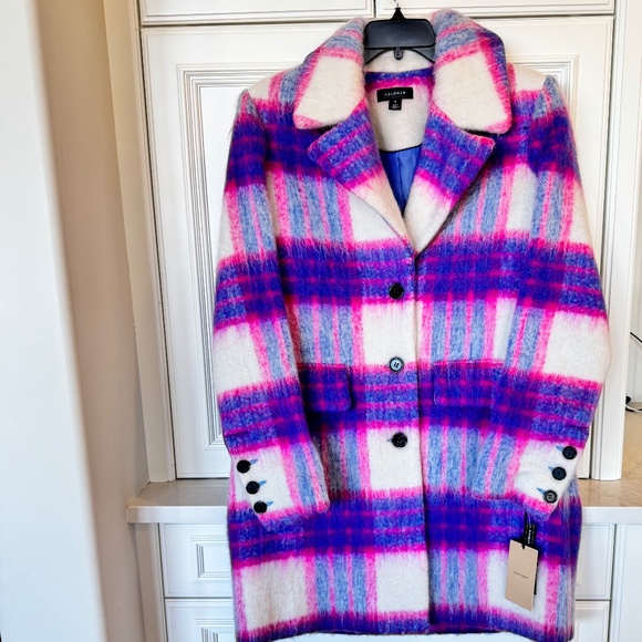Halogen Pink & Blue Plaid Wool-Blend Coat – Size M - Picture 1 of 4